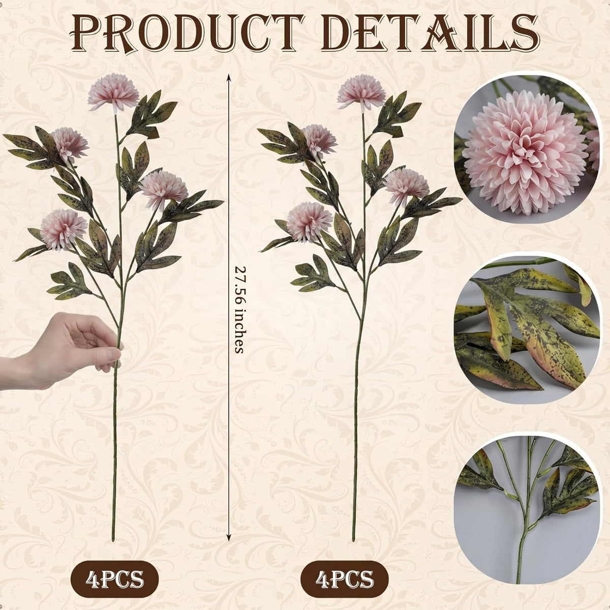 8 Pcs Faux Silk Pom Pom Mum Artificial Flowers, Gray Pink