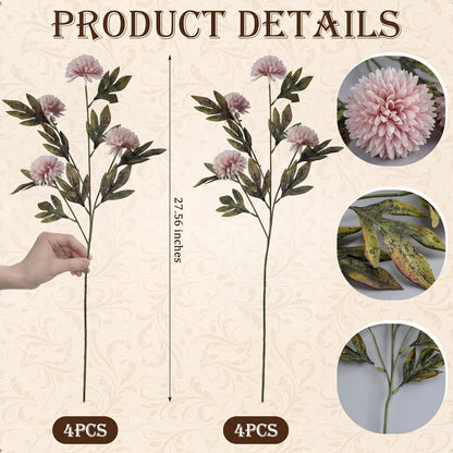 8 Pcs Faux Silk Pom Pom Mum Artificial Flowers, Gray Pink