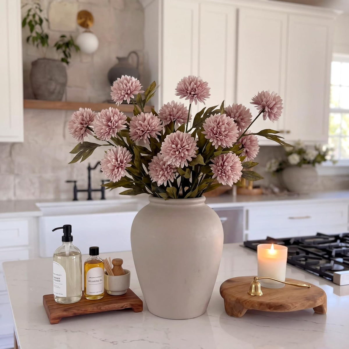 8 Pcs Faux Silk Pom Pom Mum Artificial Flowers, Gray Pink