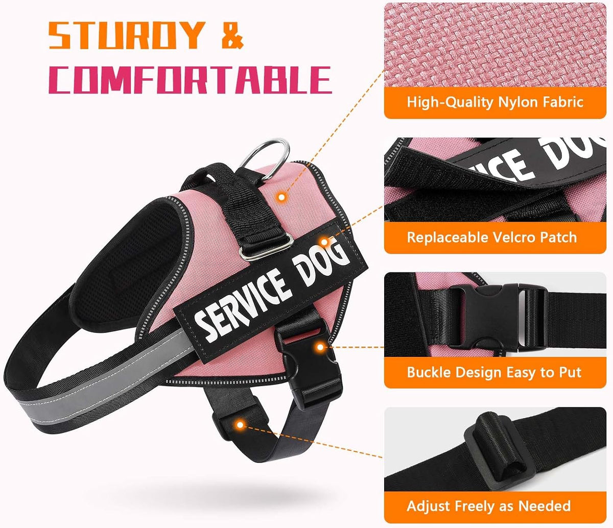 Service Dog Vest, No Pull & Reflective Dog Harness, Pink, S