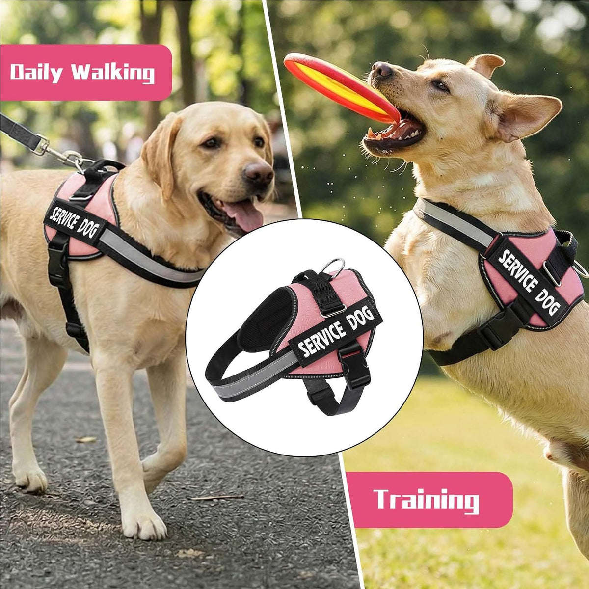 Service Dog Vest, No Pull & Reflective Dog Harness, Pink, S