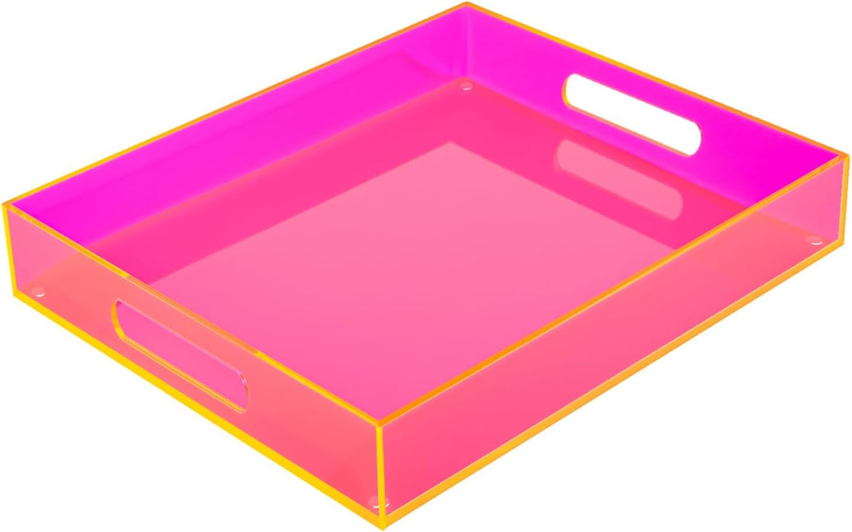 Large Acrylic Tray Ottoman Coffee Table Tray with Handles 17x13'' Decorative Serving Platter for Food Tea Dinner Snack Eating Bar Party, Neon Pink