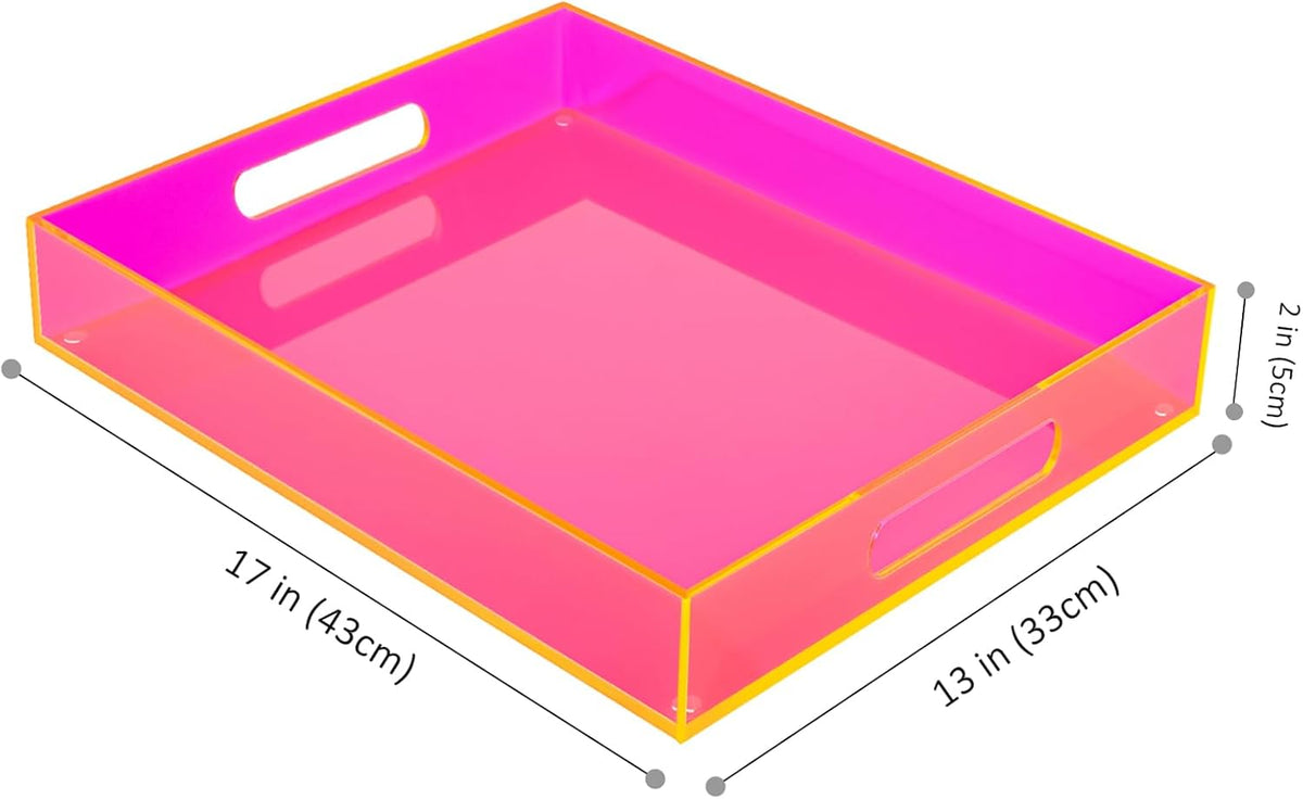 Large Acrylic Tray Ottoman Coffee Table Tray with Handles 17x13'' Decorative Serving Platter for Food Tea Dinner Snack Eating Bar Party, Neon Pink