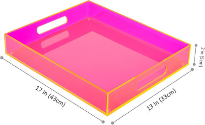 Large Acrylic Tray Ottoman Coffee Table Tray with Handles 17x13'' Decorative Serving Platter for Food Tea Dinner Snack Eating Bar Party, Neon Pink