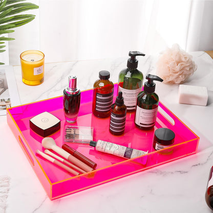 Large Acrylic Tray Ottoman Coffee Table Tray with Handles 17x13'' Decorative Serving Platter for Food Tea Dinner Snack Eating Bar Party, Neon Pink