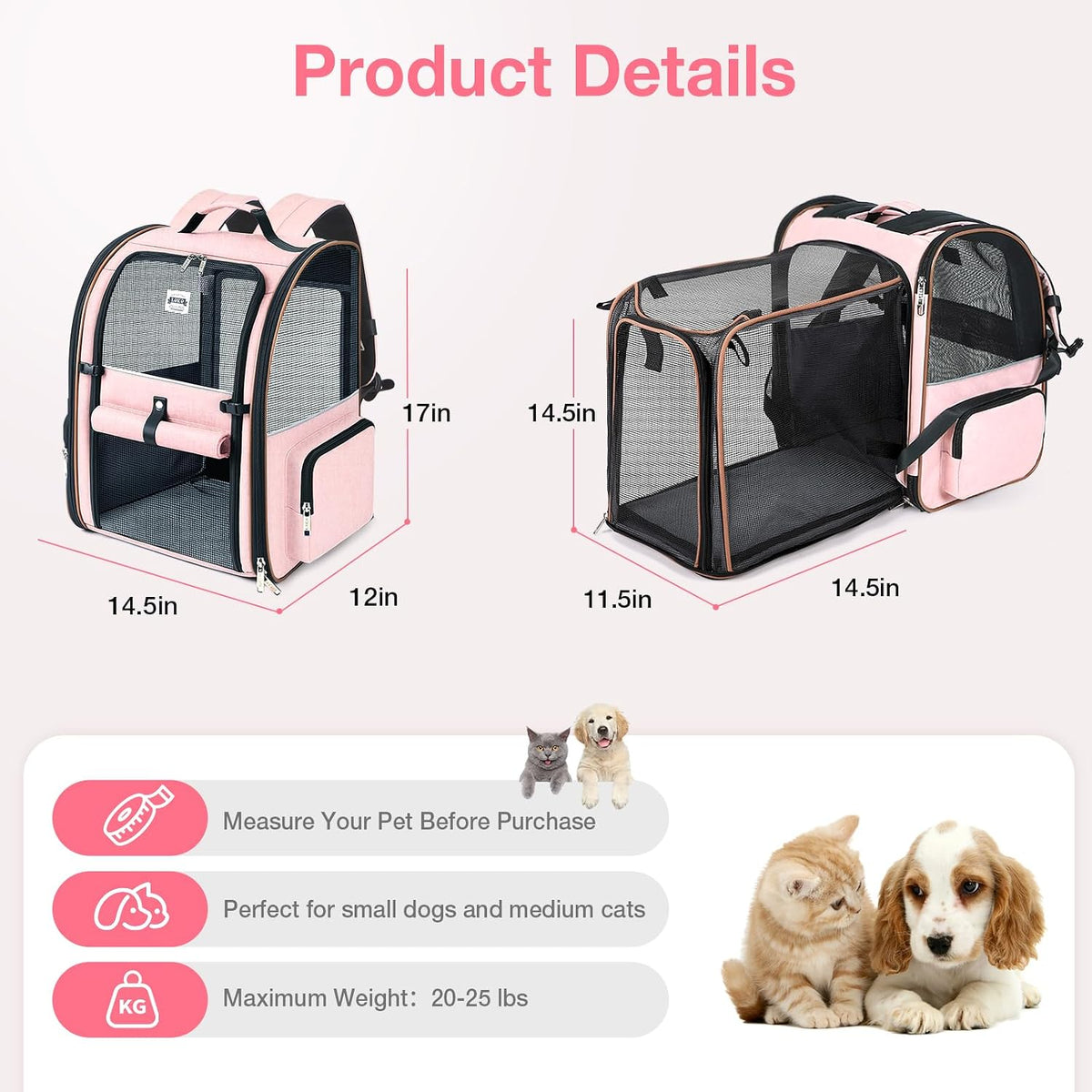 Large Cat Backpack Carrier Expandable Foldable Pet Carrier Backpack for Small Dogs Puppy Medium Cats Fit Up to 18 Lbs for Travel, Hiking,Pink