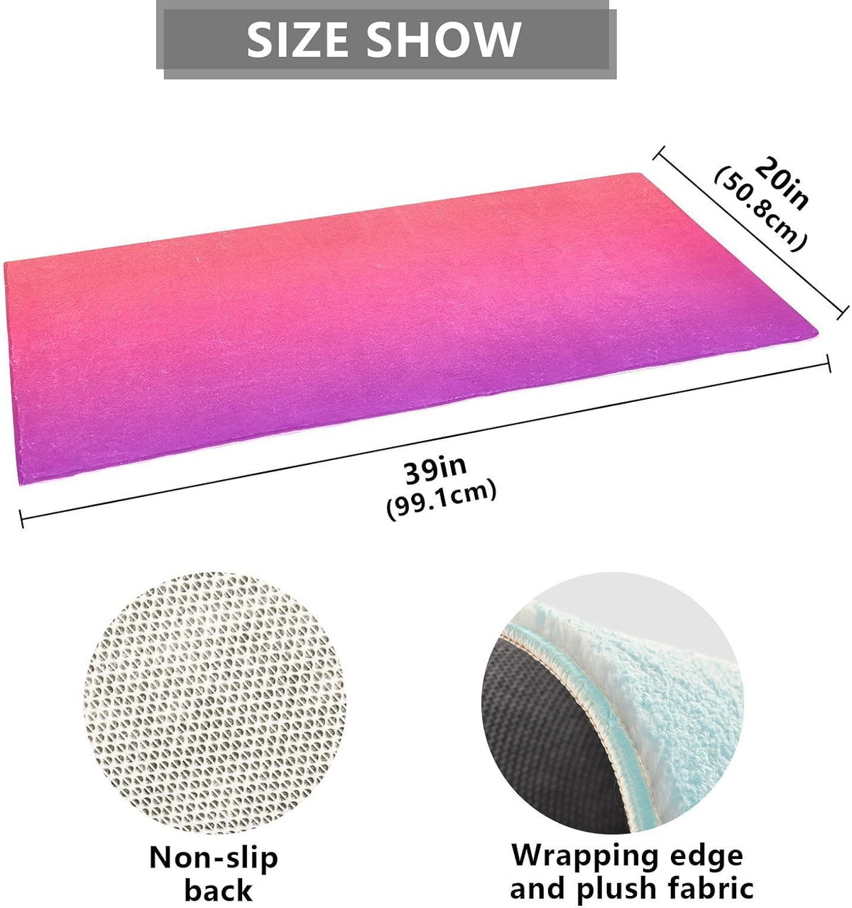 Bath Mat 39x20 Inch, Pink Solid Color Soft Absorbent Plush Rug, Non-Slip Washable Floor Mat for Bathroom Bedroom Kitchen Entryway Carpet