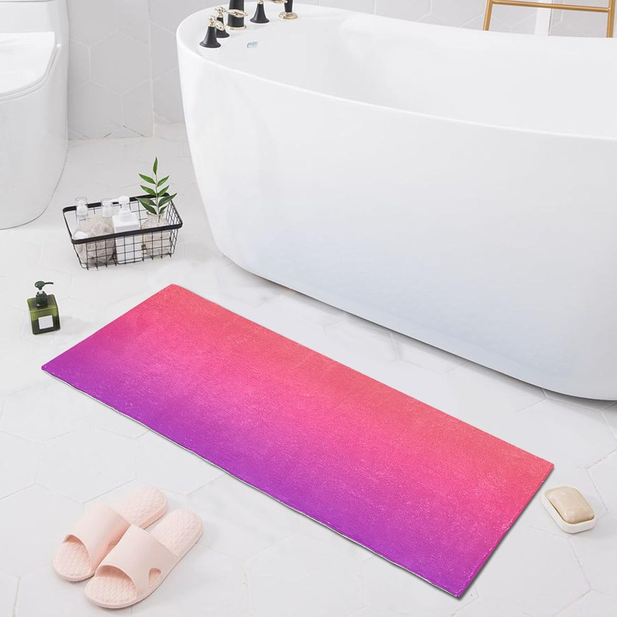 Bath Mat 39x20 Inch, Pink Solid Color Soft Absorbent Plush Rug, Non-Slip Washable Floor Mat for Bathroom Bedroom Kitchen Entryway Carpet