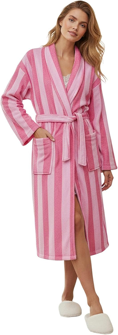 Women's Soft Plush Robe Flannel Lounge Robe Long Sleeve Striped Bathrobe with Belt