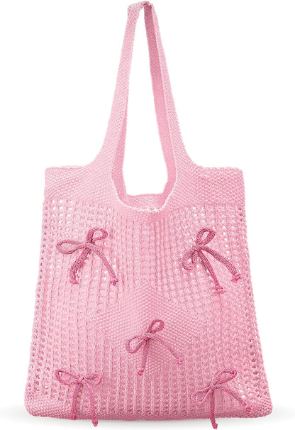 Crochet Mesh Tote Bag with Bows for Women Beach