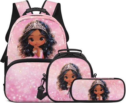 HUIACONG Girls Crown Girl Backpack Set with Portable Lunch Bag and Pencil Holder 17 Inch Pink Bookbag 3 Pcs for Ages 10-12
