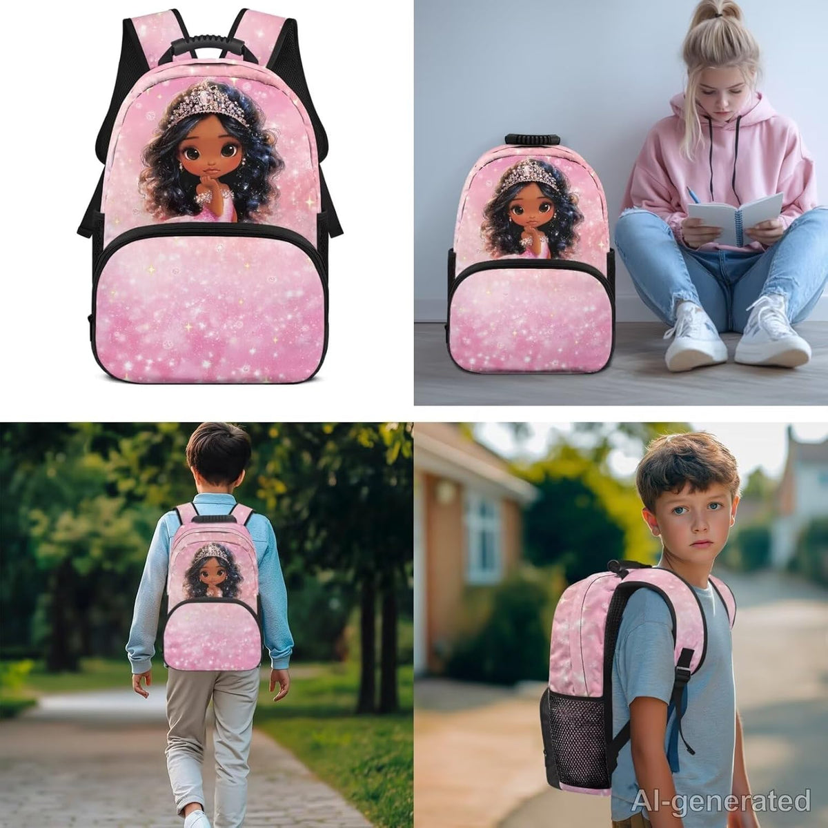 HUIACONG Girls Crown Girl Backpack Set with Portable Lunch Bag and Pencil Holder 17 Inch Pink Bookbag 3 Pcs for Ages 10-12