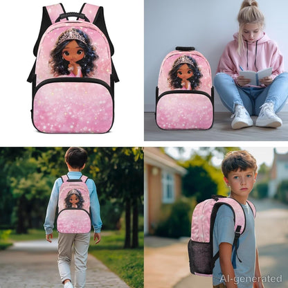 HUIACONG Girls Crown Girl Backpack Set with Portable Lunch Bag and Pencil Holder 17 Inch Pink Bookbag 3 Pcs for Ages 10-12