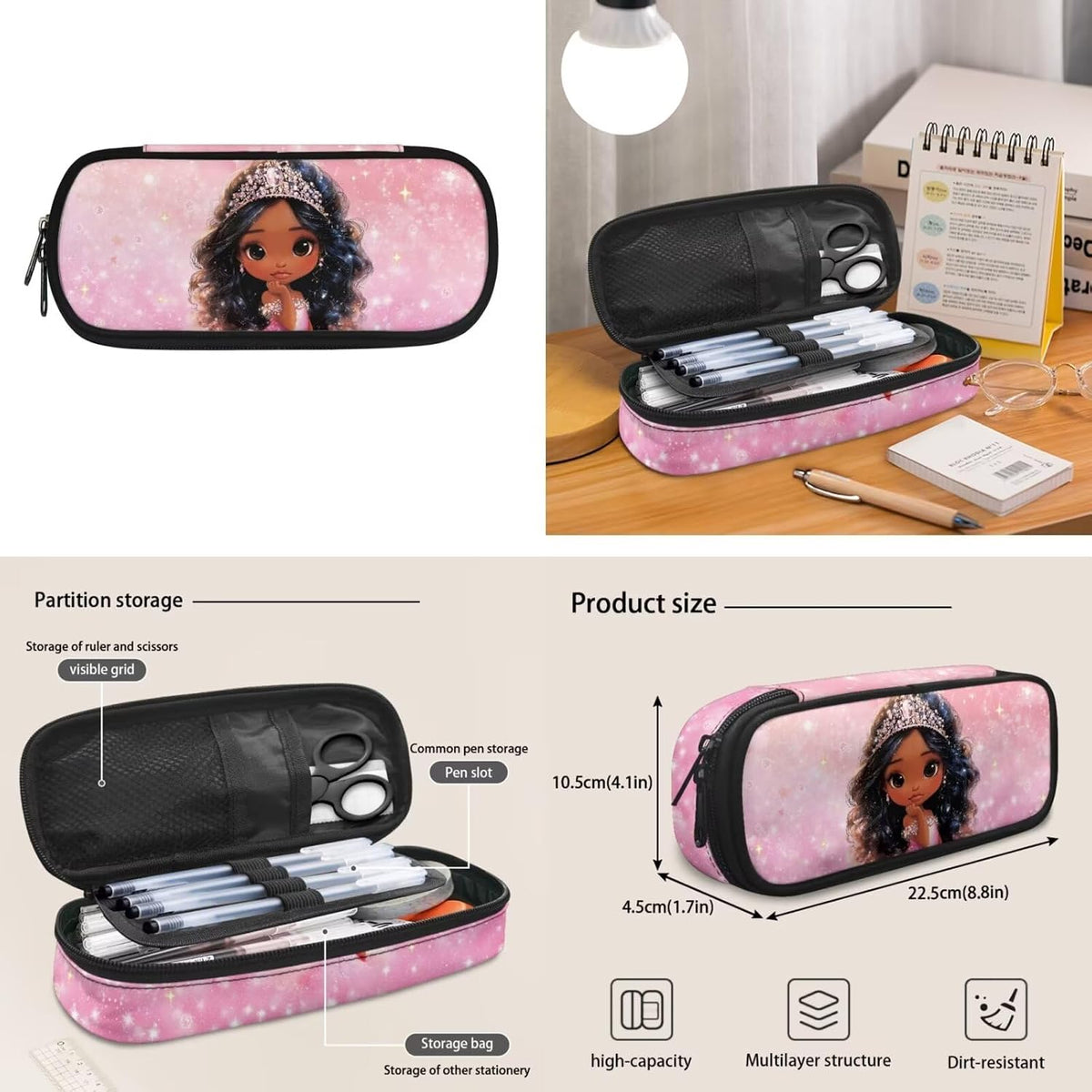 HUIACONG Girls Crown Girl Backpack Set with Portable Lunch Bag and Pencil Holder 17 Inch Pink Bookbag 3 Pcs for Ages 10-12