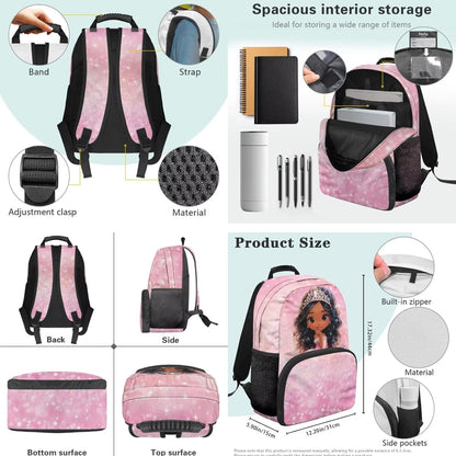 HUIACONG Girls Crown Girl Backpack Set with Portable Lunch Bag and Pencil Holder 17 Inch Pink Bookbag 3 Pcs for Ages 10-12