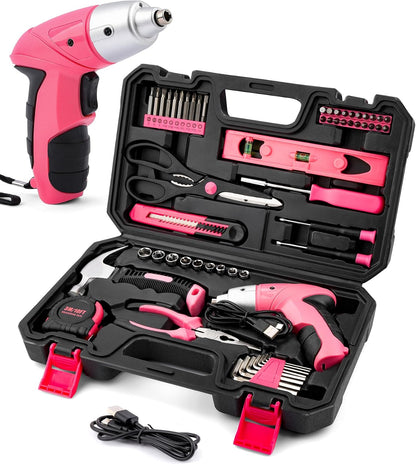 Electric Screwdriver 58pc Tool Set, Cordless & Rechargeable 3.6V Small Power Screwdriver Home Tool Kit Set with Compact Hand Box, Pink