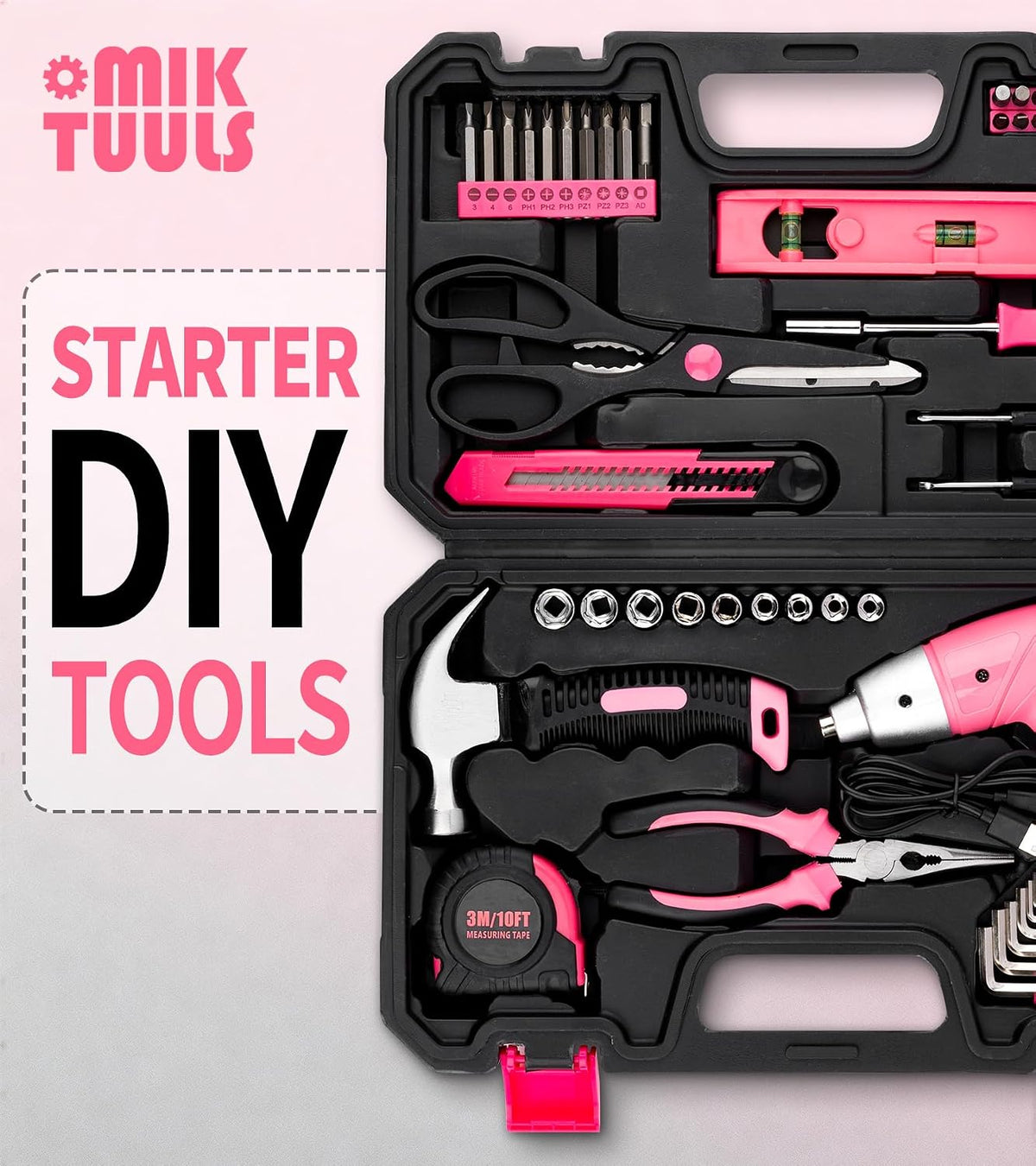 Electric Screwdriver 58pc Tool Set, Cordless & Rechargeable 3.6V Small Power Screwdriver Home Tool Kit Set with Compact Hand Box, Pink