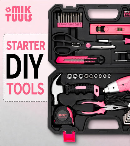 Electric Screwdriver 58pc Tool Set, Cordless & Rechargeable 3.6V Small Power Screwdriver Home Tool Kit Set with Compact Hand Box, Pink