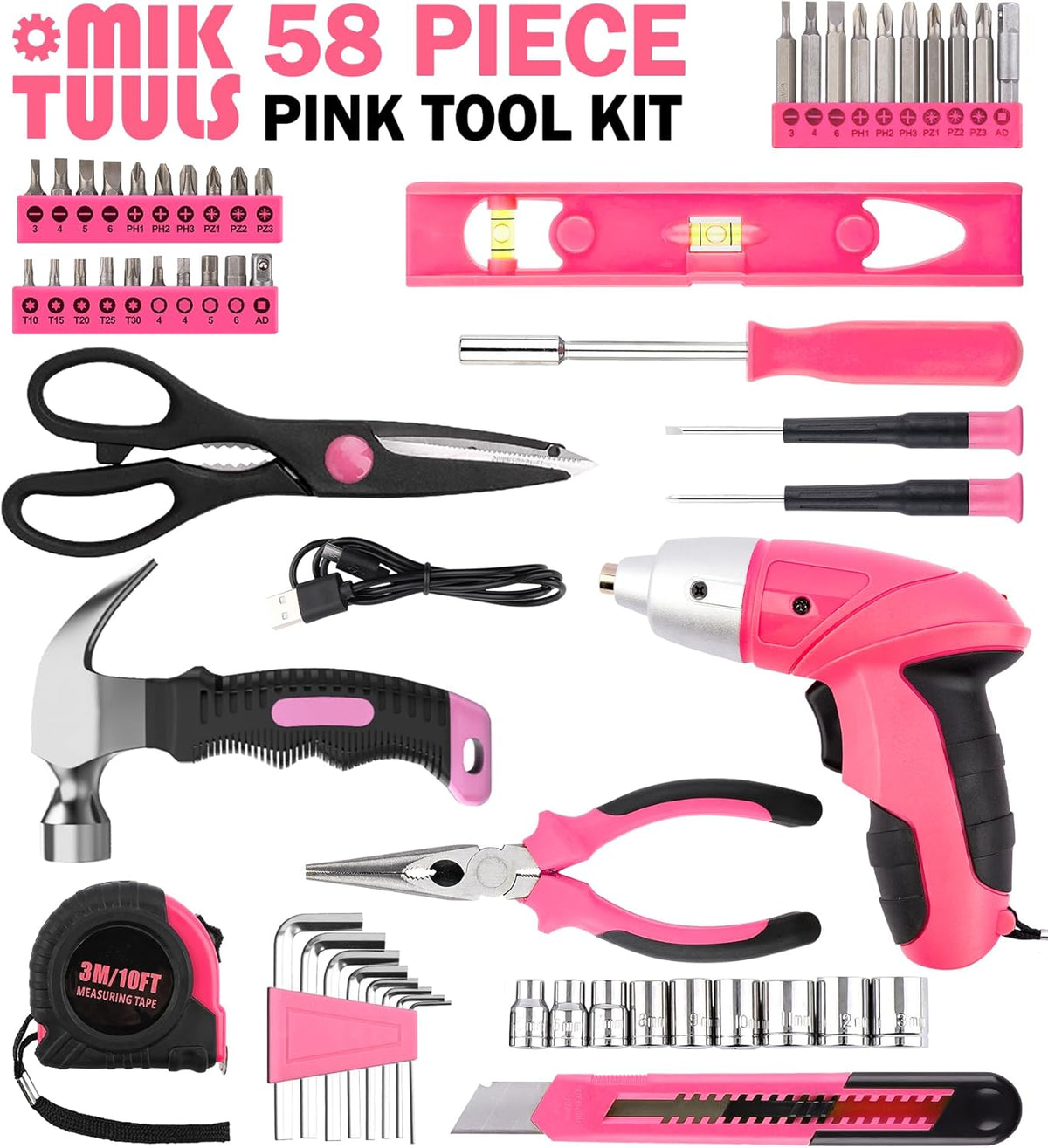 Electric Screwdriver 58pc Tool Set, Cordless & Rechargeable 3.6V Small Power Screwdriver Home Tool Kit Set with Compact Hand Box, Pink