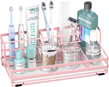 Toothbrush Holders for Bathroom - 5 Partitions Bathroom Counter Organizer with Instant Drying Stone, Stainless Steel Countertop Storage Electric Toothbrush Toothpaste Holder - Pink