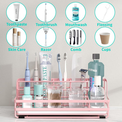 Toothbrush Holders for Bathroom - 5 Partitions Bathroom Counter Organizer with Instant Drying Stone, Stainless Steel Countertop Storage Electric Toothbrush Toothpaste Holder - Pink