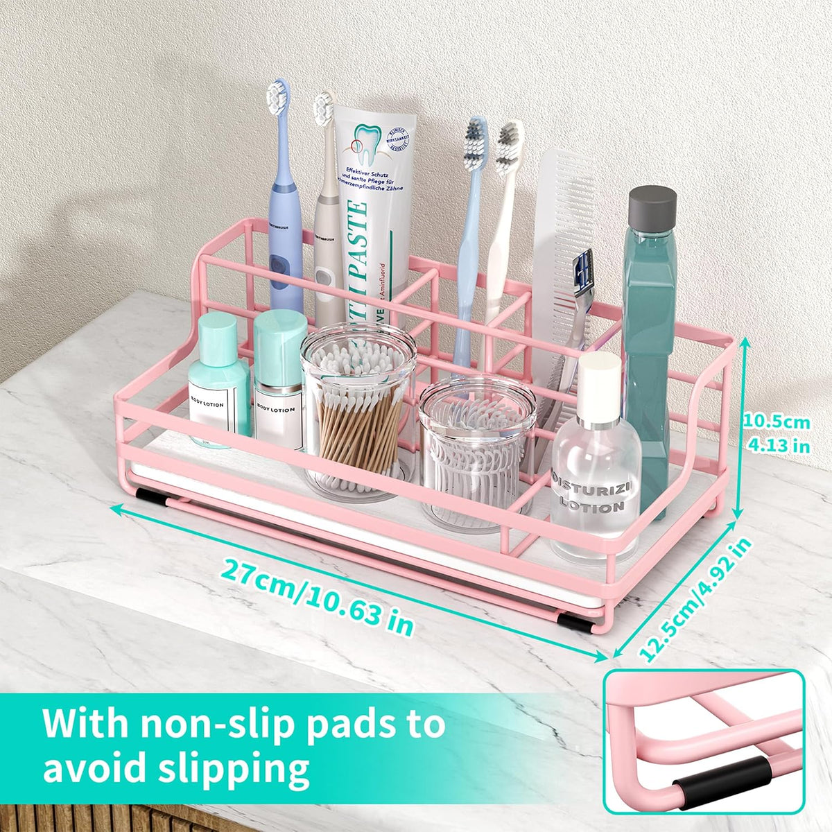 Toothbrush Holders for Bathroom - 5 Partitions Bathroom Counter Organizer with Instant Drying Stone, Stainless Steel Countertop Storage Electric Toothbrush Toothpaste Holder - Pink