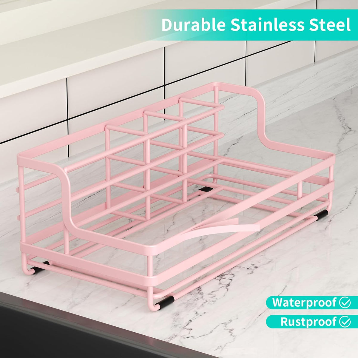 Toothbrush Holders for Bathroom - 5 Partitions Bathroom Counter Organizer with Instant Drying Stone, Stainless Steel Countertop Storage Electric Toothbrush Toothpaste Holder - Pink