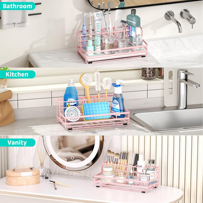 Toothbrush Holders for Bathroom - 5 Partitions Bathroom Counter Organizer with Instant Drying Stone, Stainless Steel Countertop Storage Electric Toothbrush Toothpaste Holder - Pink