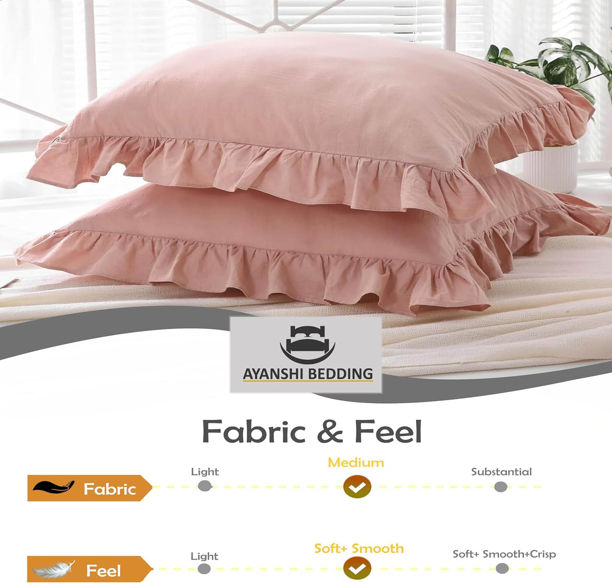 Microfiber Ruffle Pillow Shams Set of 2, 26X26 - Solid Ruffled Fringe Design Covers - Soft & Breathable Unique Collection Decorative Cases - Baby Pink