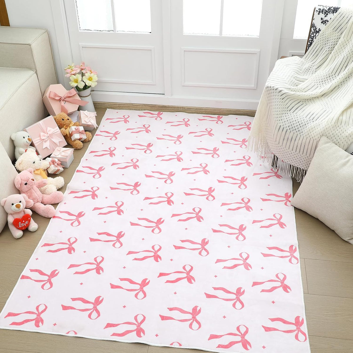 Pink 4 x 6 ft Bow Area Rug Coquette Welcome Mat, Bow