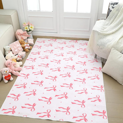 Pink 4 x 6 ft Bow Area Rug Coquette Welcome Mat, Bow