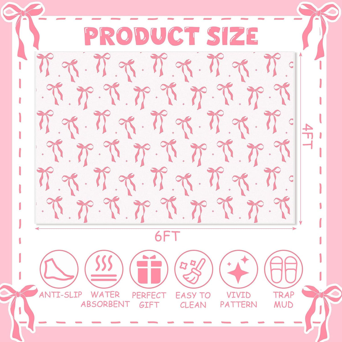 Pink 4 x 6 ft Bow Area Rug Coquette Welcome Mat, Bow