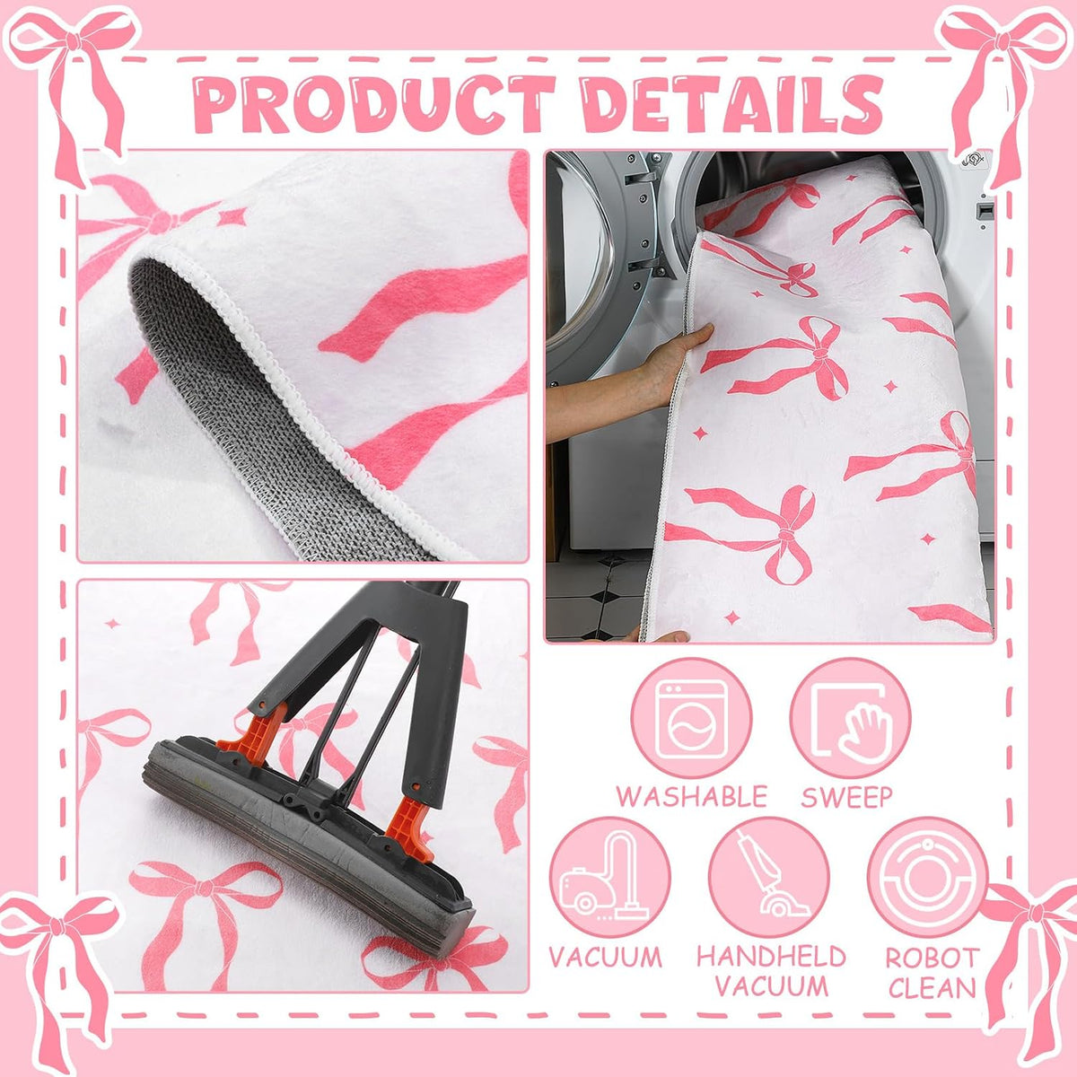 Pink 4 x 6 ft Bow Area Rug Coquette Welcome Mat, Bow