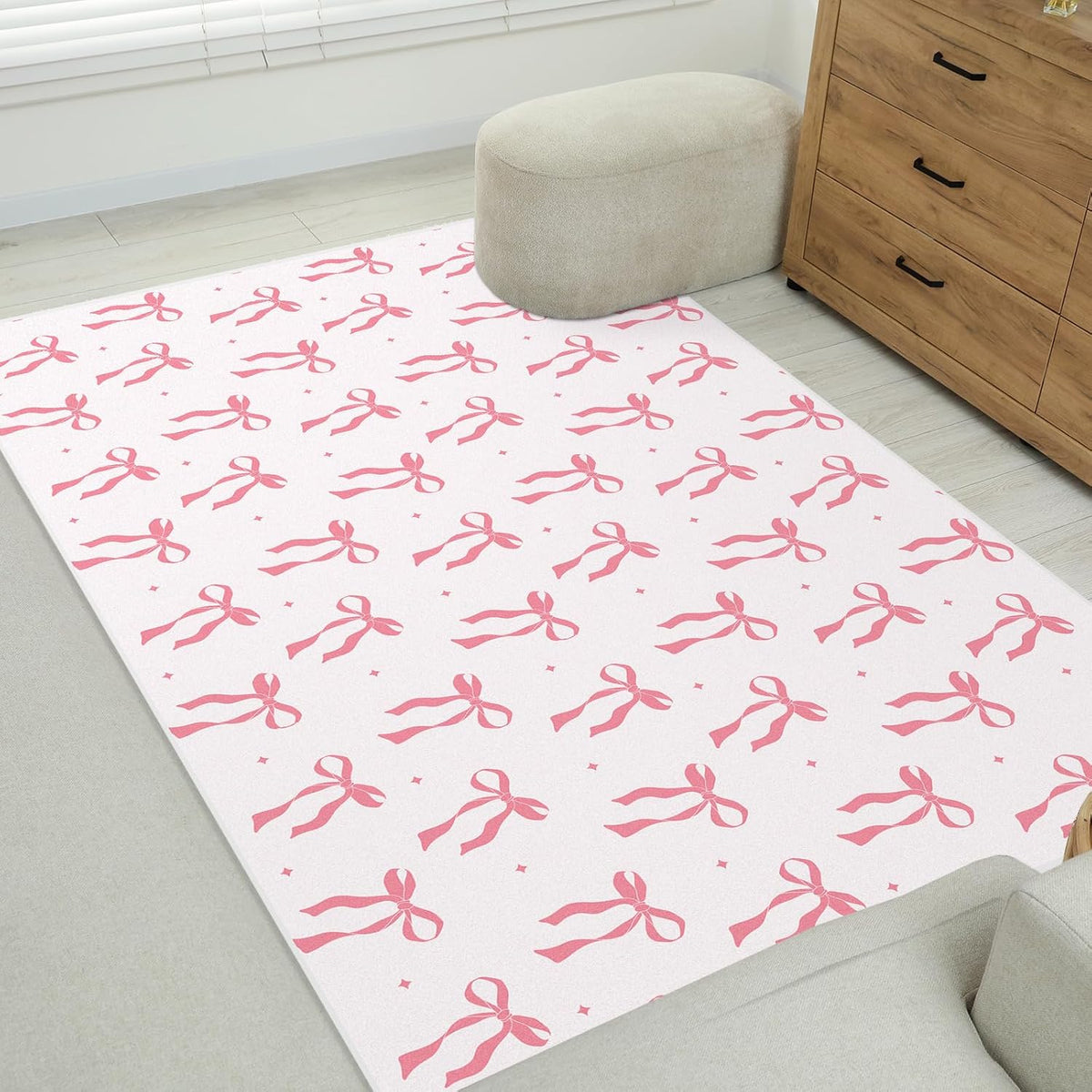 Pink 4 x 6 ft Bow Area Rug Coquette Welcome Mat, Bow