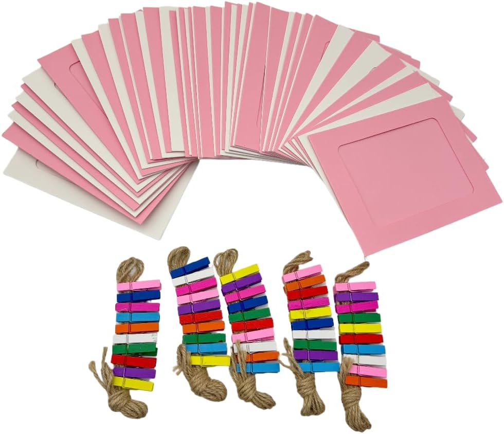 50 Pieces Hanging Picture Frames Kit with Clips and Strings,Paper Picture Frames Bulk,DIY Clip Photo Holders for Home Office Wall Decor Party Supplies (White+Pink, 4x6)