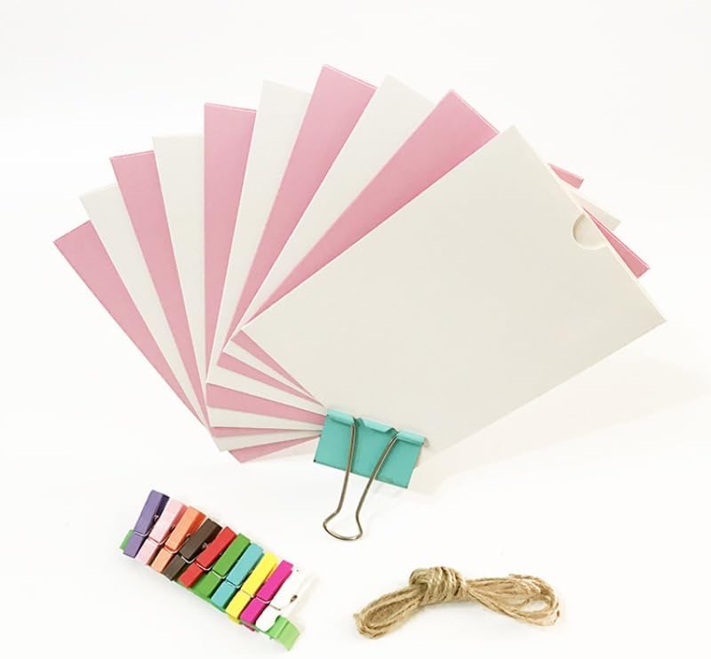 50 Pieces Hanging Picture Frames Kit with Clips and Strings,Paper Picture Frames Bulk,DIY Clip Photo Holders for Home Office Wall Decor Party Supplies (White+Pink, 4x6)