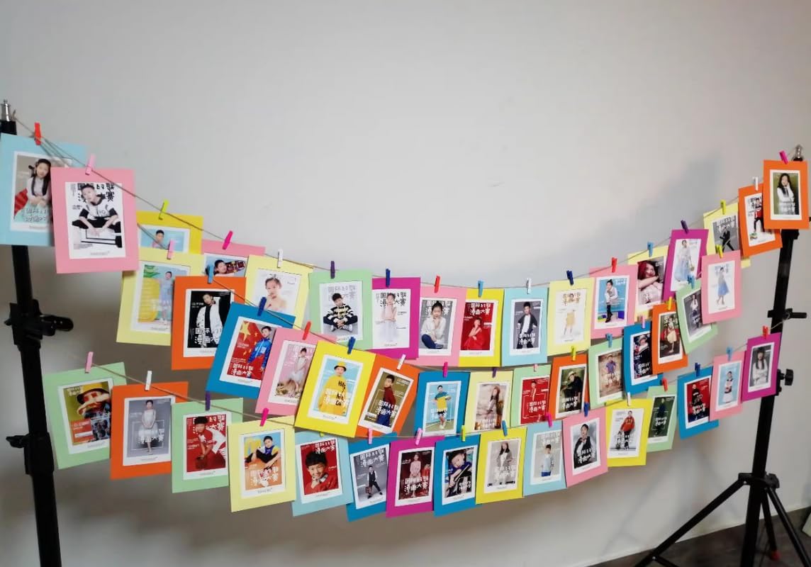 50 Pieces Hanging Picture Frames Kit with Clips and Strings,Paper Picture Frames Bulk,DIY Clip Photo Holders for Home Office Wall Decor Party Supplies (White+Pink, 4x6)