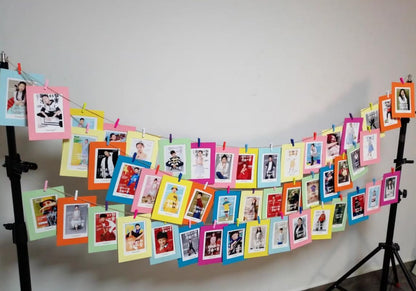 50 Pieces Hanging Picture Frames Kit with Clips and Strings,Paper Picture Frames Bulk,DIY Clip Photo Holders for Home Office Wall Decor Party Supplies (White+Pink, 4x6)