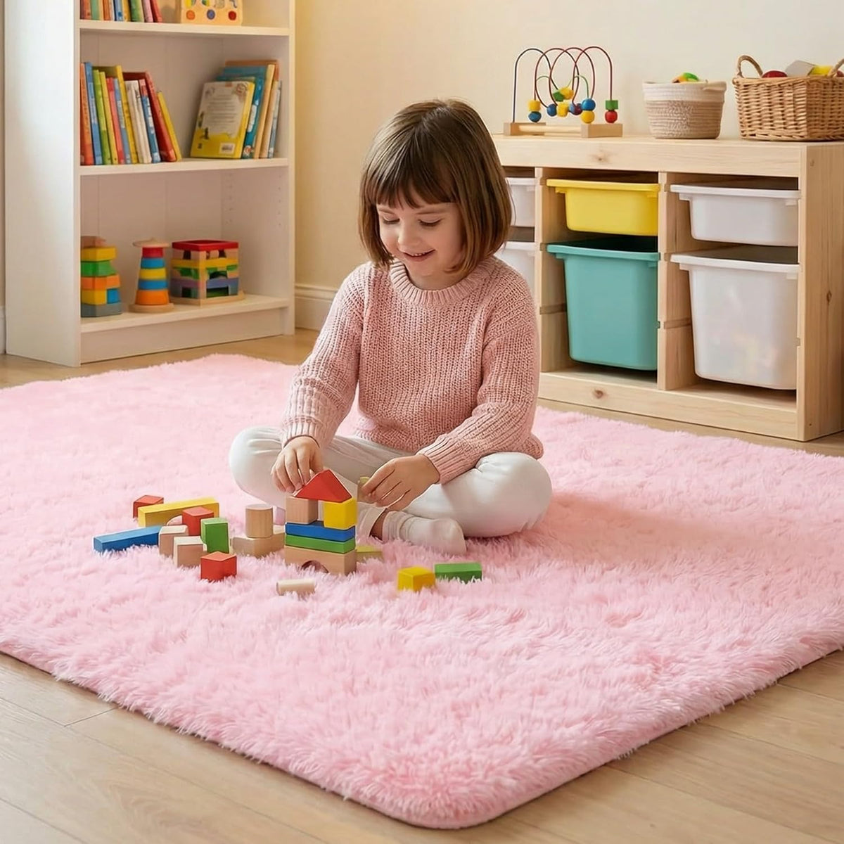 Pink Fluffy Bedroom Rug 3x5 ft, Shag Plush Area Rug