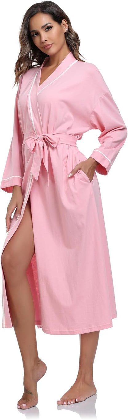 Women's 100% Cotton Robe Lightweight Kimono Bathrobe Soft Long Loungewear Sleepwear with Pockets