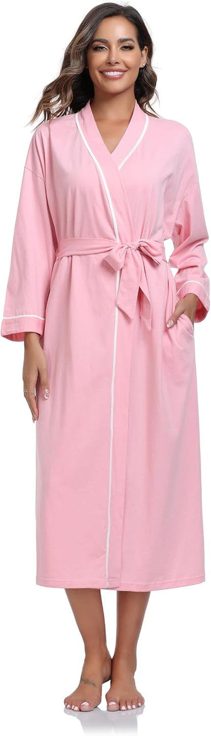 Women's 100% Cotton Robe Lightweight Kimono Bathrobe Soft Long Loungewear Sleepwear with Pockets