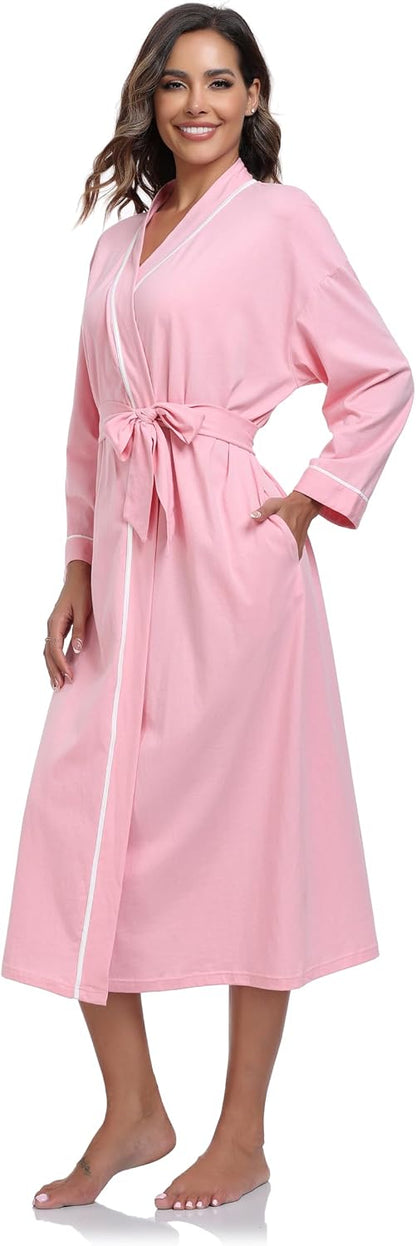 Women's 100% Cotton Robe Lightweight Kimono Bathrobe Soft Long Loungewear Sleepwear with Pockets