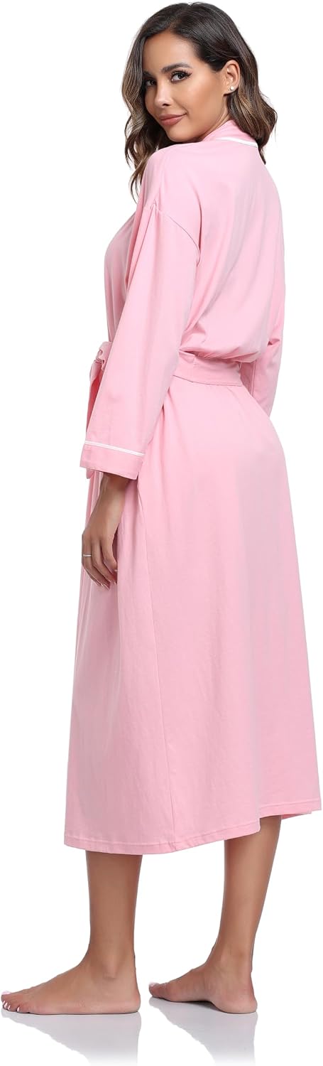 Women's 100% Cotton Robe Lightweight Kimono Bathrobe Soft Long Loungewear Sleepwear with Pockets