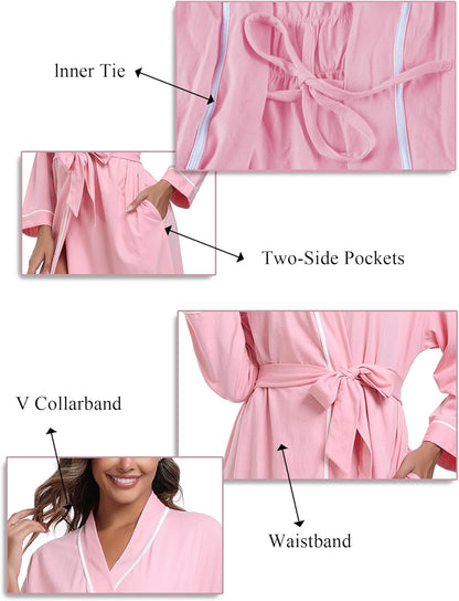 Women's 100% Cotton Robe Lightweight Kimono Bathrobe Soft Long Loungewear Sleepwear with Pockets