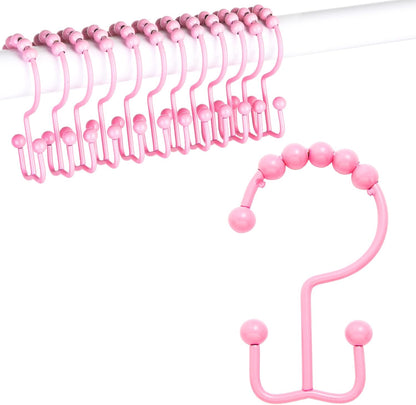 Shower Curtain Hooks,304 Stainless Steel Shower Rings for Bathroom,Double Glide Shower Hooks for Bathroom Shower Curtain Rods Curtains,Set of 12 Hooks,Light Pink（Shower Curtain Hooks Style A ）