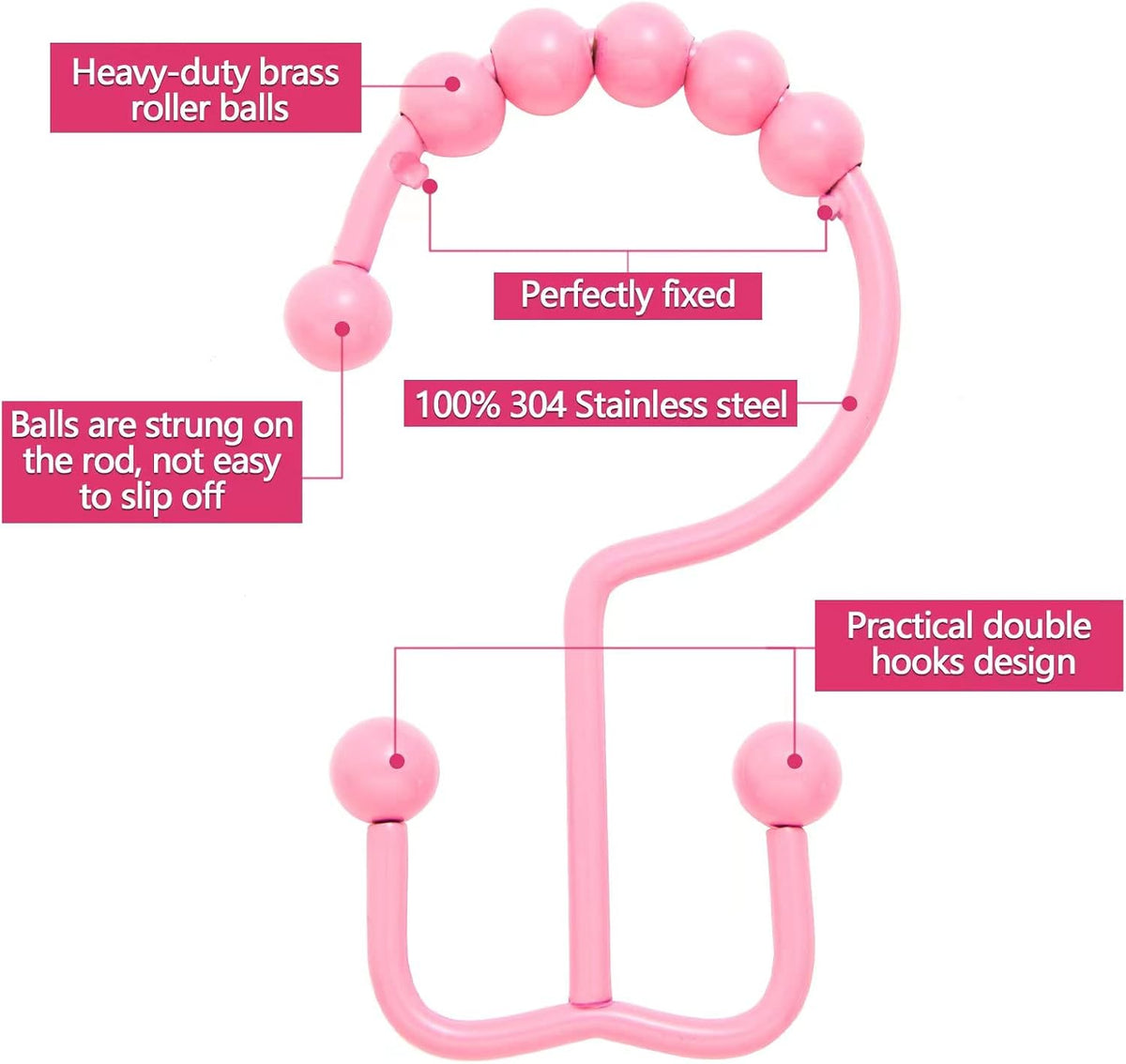 Shower Curtain Hooks,304 Stainless Steel Shower Rings for Bathroom,Double Glide Shower Hooks for Bathroom Shower Curtain Rods Curtains,Set of 12 Hooks,Light Pink（Shower Curtain Hooks Style A ）