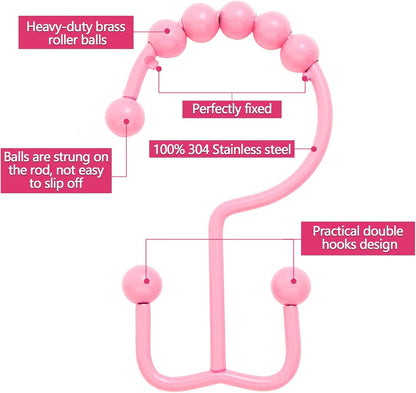 Shower Curtain Hooks,304 Stainless Steel Shower Rings for Bathroom,Double Glide Shower Hooks for Bathroom Shower Curtain Rods Curtains,Set of 12 Hooks,Light Pink（Shower Curtain Hooks Style A ）