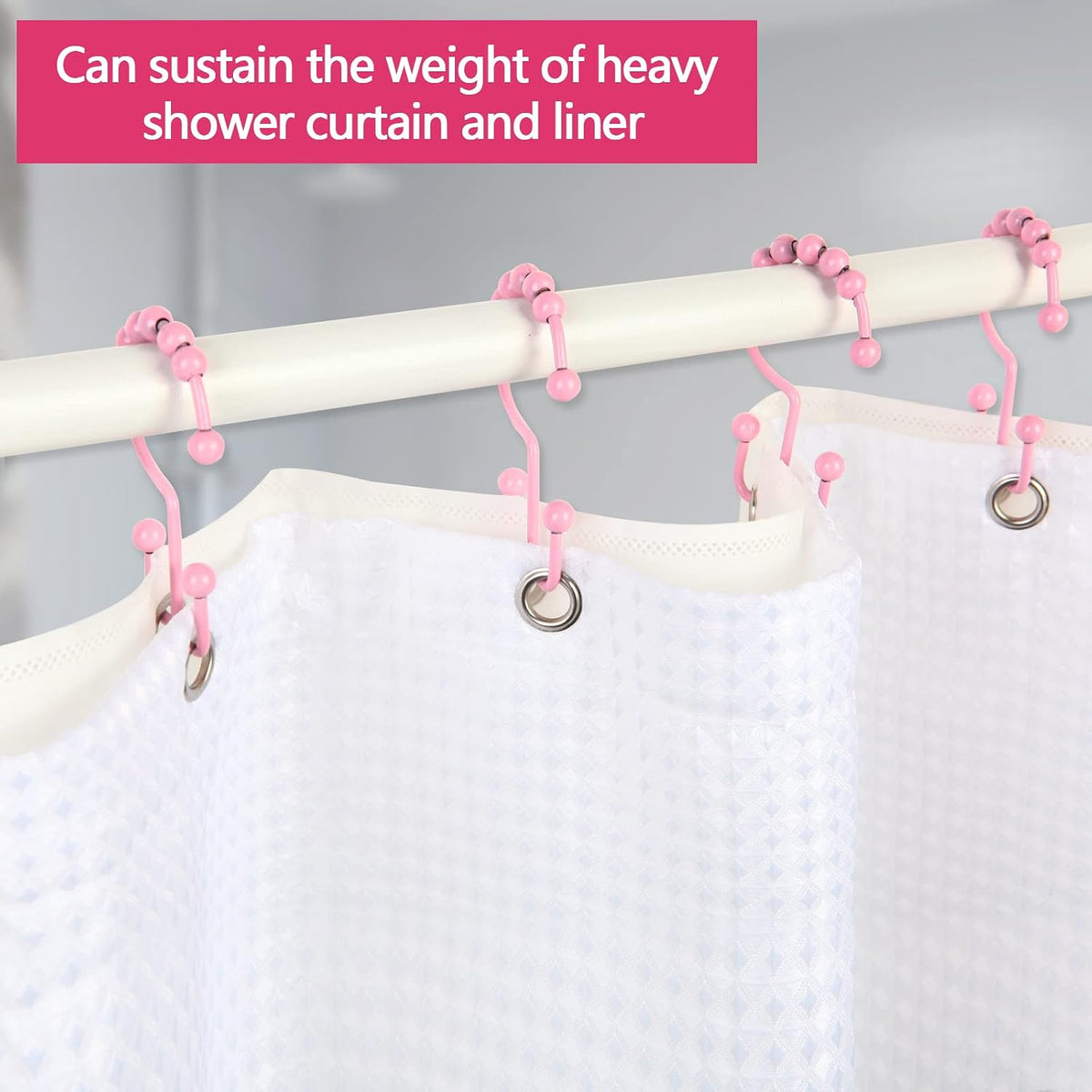 Shower Curtain Hooks,304 Stainless Steel Shower Rings for Bathroom,Double Glide Shower Hooks for Bathroom Shower Curtain Rods Curtains,Set of 12 Hooks,Light Pink（Shower Curtain Hooks Style A ）