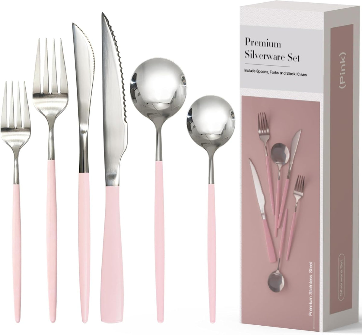25-Pieces Silverware Set with Steak Knives for 4 - Great Food-Grade Stainless Steel Flatware Set, Mirror-polished Cutlery Utensil Sets, Ideal for Home Restaurant & Banquet Use, Pink
