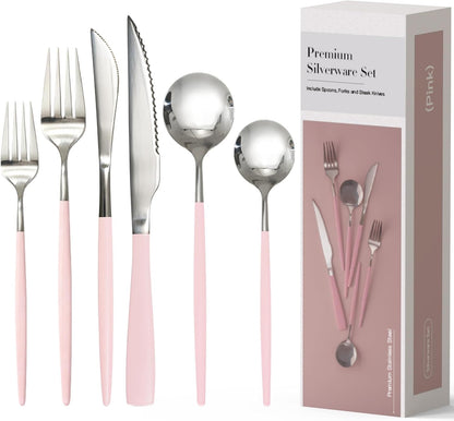 25-Pieces Silverware Set with Steak Knives for 4 - Great Food-Grade Stainless Steel Flatware Set, Mirror-polished Cutlery Utensil Sets, Ideal for Home Restaurant & Banquet Use, Pink